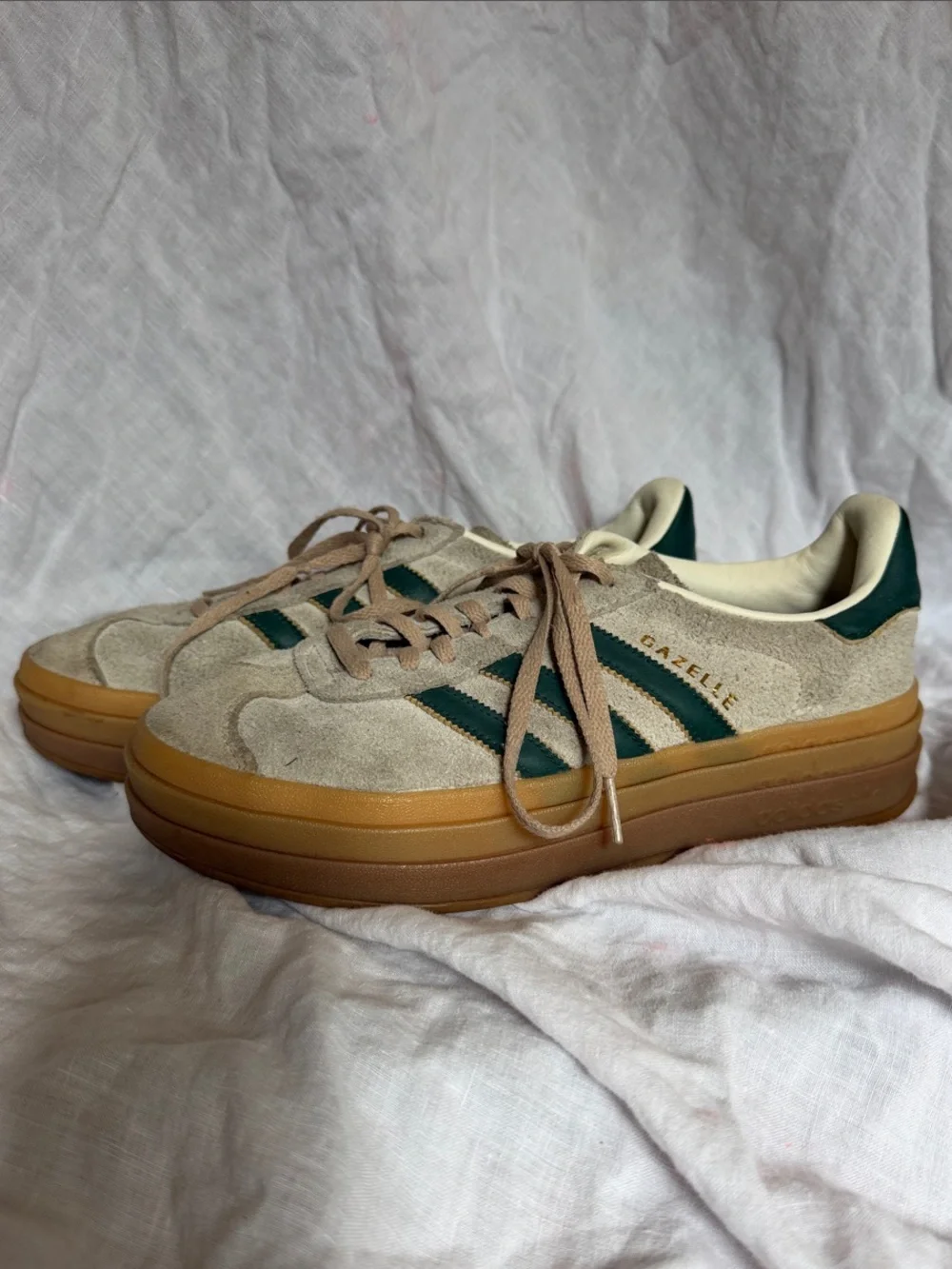 adidas Gazelle Platform Sneakers in Beige and Dark Green